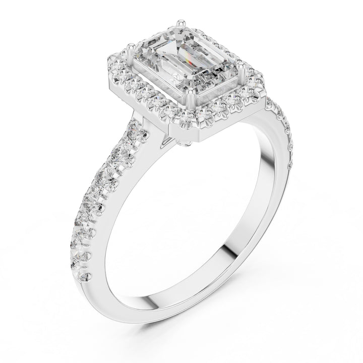 Sparkling Luxe 1.043CT Emerald Cut Diamond Halo Engagement Ring in 18KT 